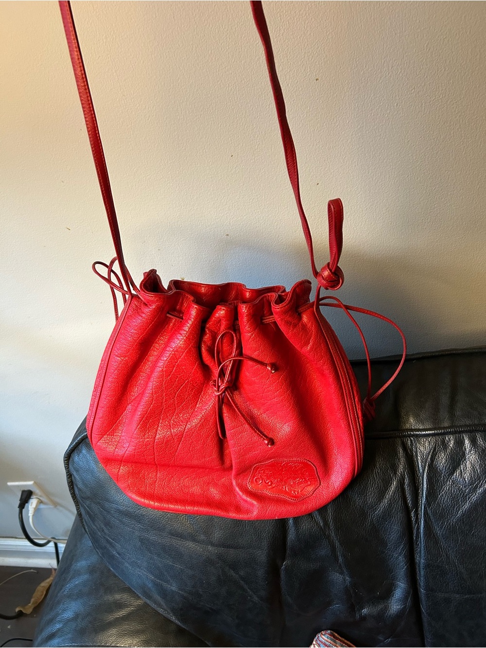 Vintage Red Leather Drawstring Shoulder Bag - Gorgeous